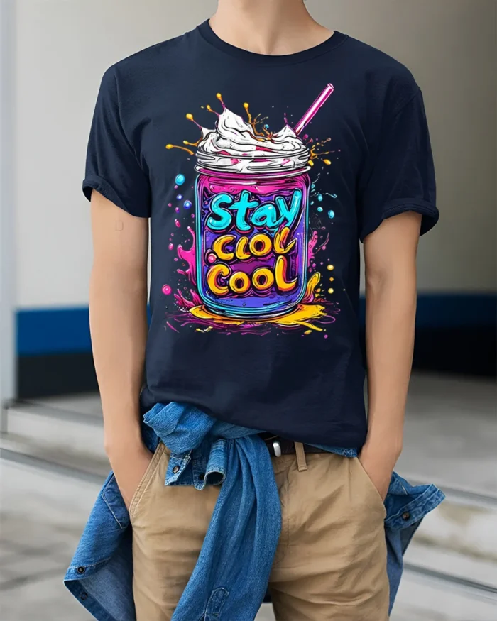 Stay Cool Colorful Milkshake Jar Graphic T-Shirt - model wearing navy shirt, hands in pockets