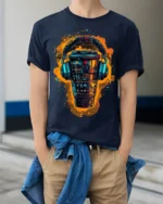 Futuristic Coffee Cup With Headphones Graphic T-Shirt - model wearing navy shirt, hands in pockets