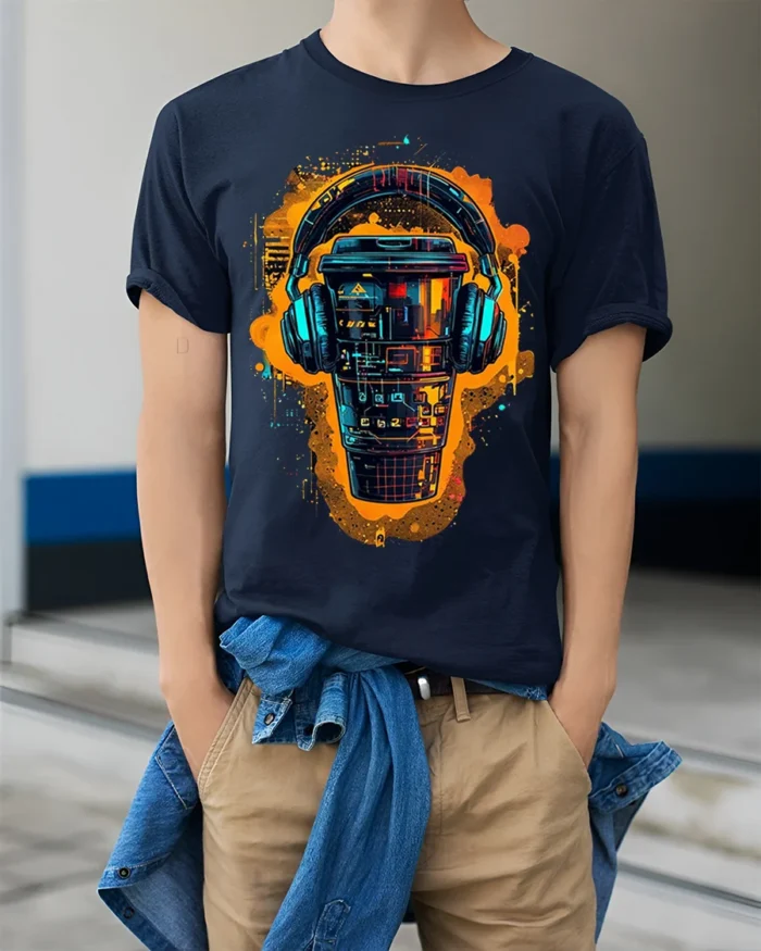 Futuristic Coffee Cup With Headphones Graphic T-Shirt - model wearing navy shirt, hands in pockets