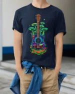 Psychedelic Guitar and Mushroom Art Graphic T-Shirt - model wearing navy shirt, hands in pockets