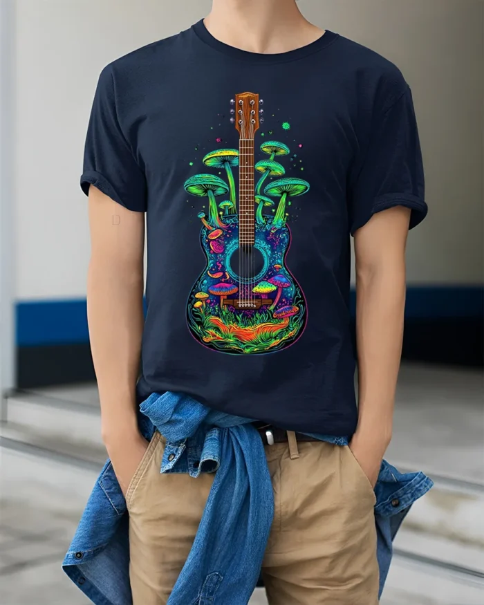 Psychedelic Guitar and Mushroom Art Graphic T-Shirt - model wearing navy shirt, hands in pockets