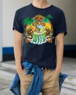 Tiki Skull Tropical Coconut Drink Graphic T-Shirt - model wearing navy shirt, hands in pockets