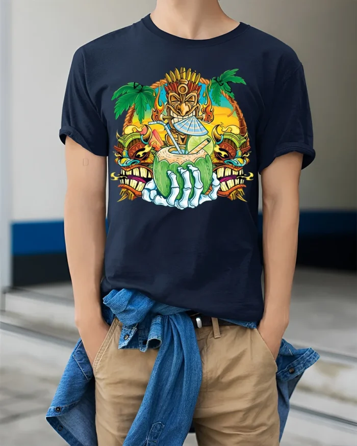Tiki Skull Tropical Coconut Drink Graphic T-Shirt - model wearing navy shirt, hands in pockets