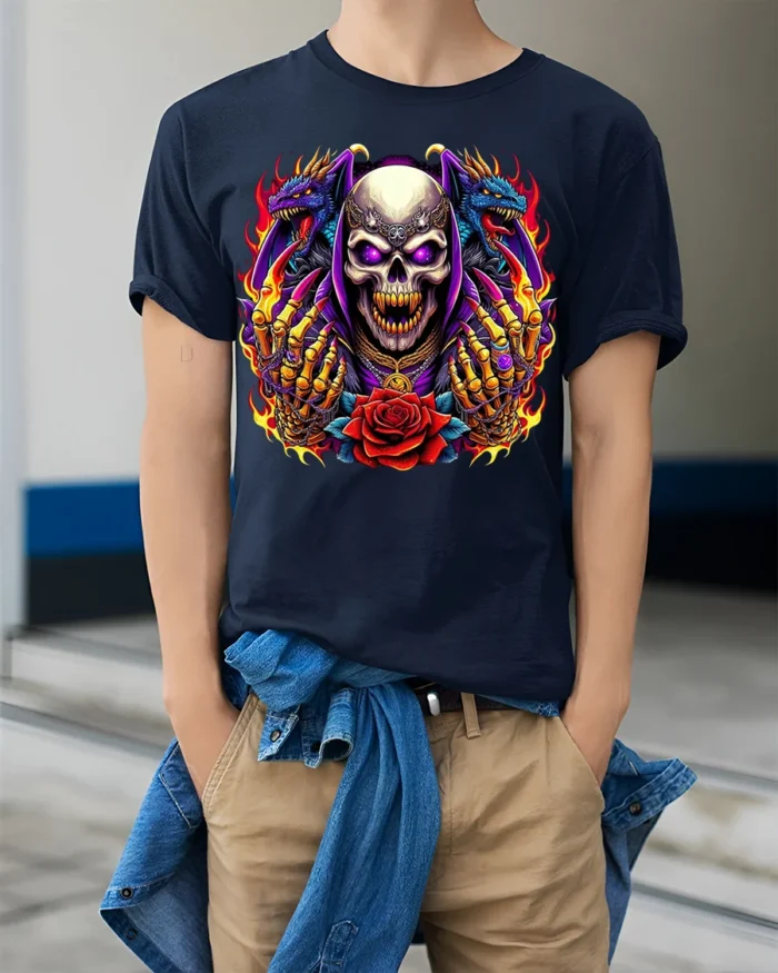 Skull With Dragons and Red Rose Fire Art T-Shirt - model wearing navy shirt, hands in pockets