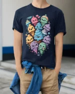 Cute Kawaii Colorful Ice Cream Cone Graphic T-Shirt - model wearing navy shirt, hands in pockets