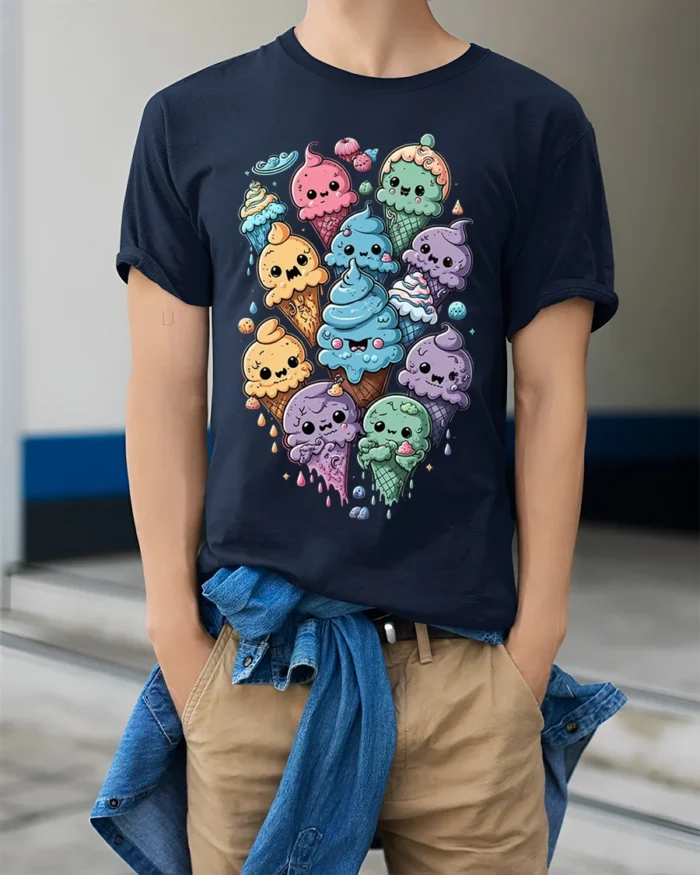 Cute Kawaii Colorful Ice Cream Cone Graphic T-Shirt - model wearing navy shirt, hands in pockets