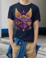 Steampunk Winged Gear Cube Mechanical Art T-Shirt - model wearing navy shirt, hands in pockets