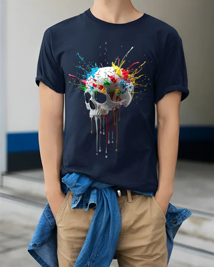 Color Splash Dripping Skull Artistic Graphic T-Shirt - model wearing navy shirt, hands in pockets