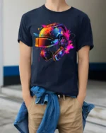 Color Splash Futuristic Combat Helmet Graphic T-Shirt - model wearing navy shirt, hands in pockets