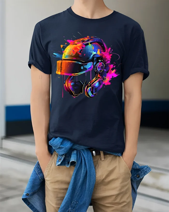 Color Splash Futuristic Combat Helmet Graphic T-Shirt - model wearing navy shirt, hands in pockets