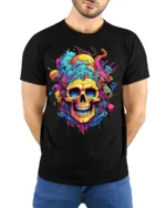 Psychedelic Skull Splash Art Graphic Black T-Shirt - model wearing black shirt, hands behind back