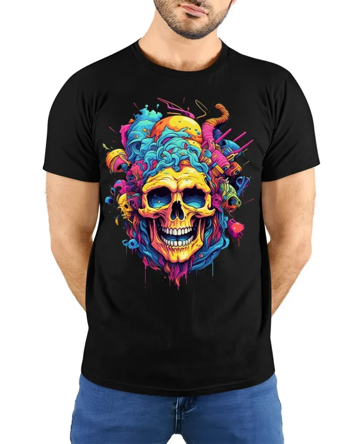 Psychedelic Skull Splash Art Graphic Black T-Shirt - model wearing black shirt, hands behind back