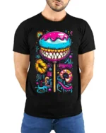 Psychedelic Candy Lollipop With Teeth Graphic T-Shirt - model wearing black shirt, hands behind back