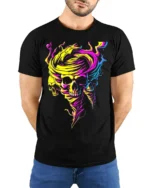 Neon Skull Tornado Swirl Psychedelic Graphic T-Shirt - model wearing black shirt, hands behind back