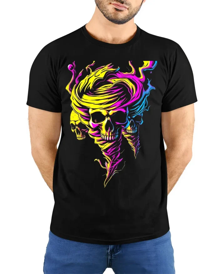 Neon Skull Tornado Swirl Psychedelic Graphic T-Shirt - model wearing black shirt, hands behind back