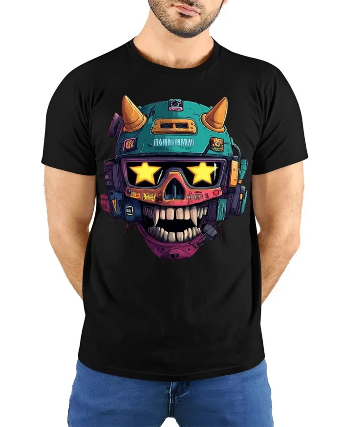 Cyberpunk Skull Helmet With Star Visor T-Shirt - model wearing black shirt, hands behind back