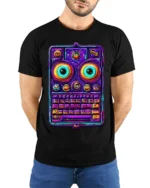 Neon Retro Robot Keyboard Face Graphic T-Shirt - model wearing black shirt, hands behind back