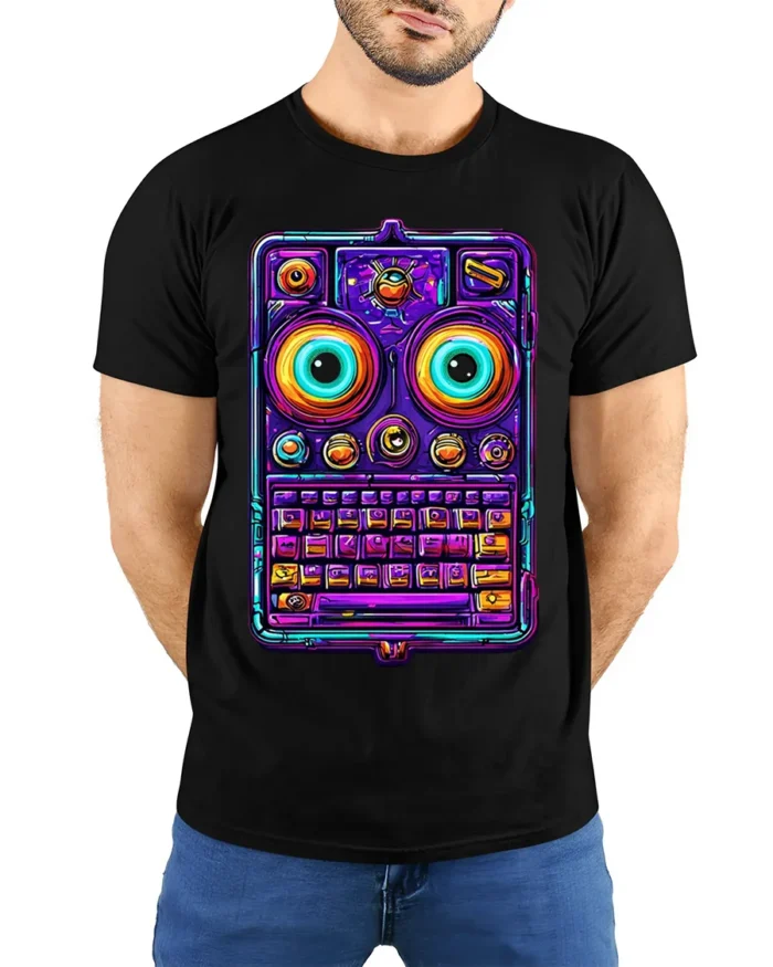 Neon Retro Robot Keyboard Face Graphic T-Shirt - model wearing black shirt, hands behind back
