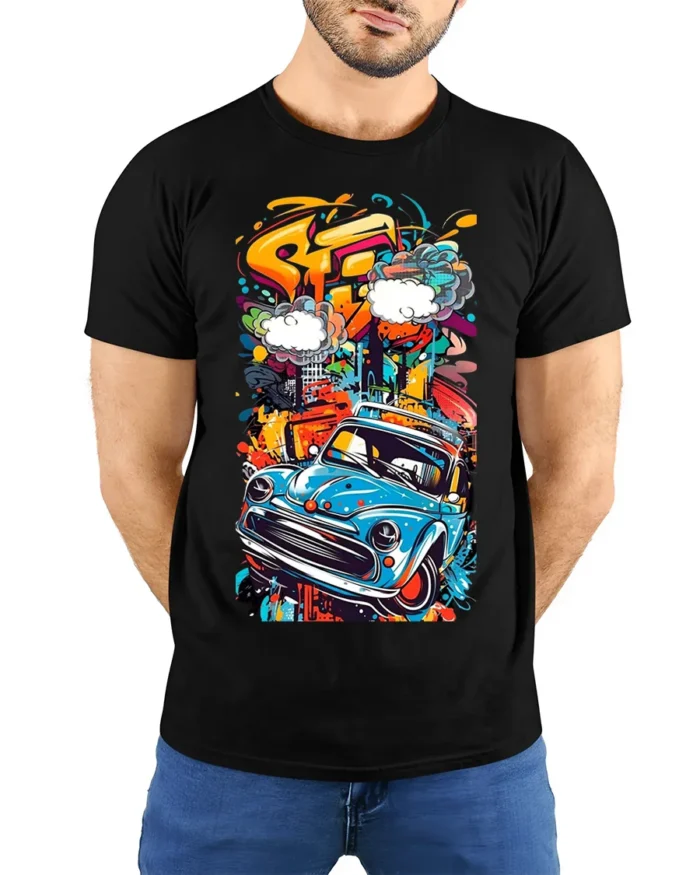 Retro Blue Car Graffiti Street Art Graphic T-Shirt - model wearing black shirt, hands behind back
