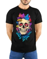 Floral Skull With Butterfly and Mushroom Art T-Shirt - model wearing black shirt, hands behind back