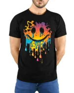 Melting Neon Smiley Face Dripping Art T-Shirt - model wearing black shirt, hands behind back