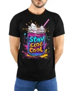 Stay Cool Colorful Milkshake Jar Graphic T-Shirt - model wearing black shirt, hands behind back