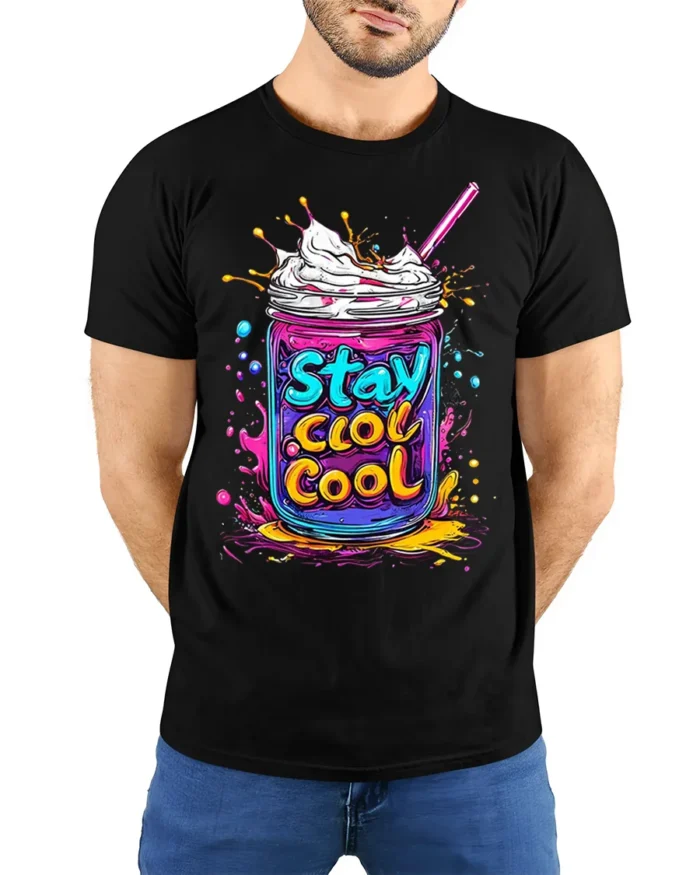 Stay Cool Colorful Milkshake Jar Graphic T-Shirt - model wearing black shirt, hands behind back