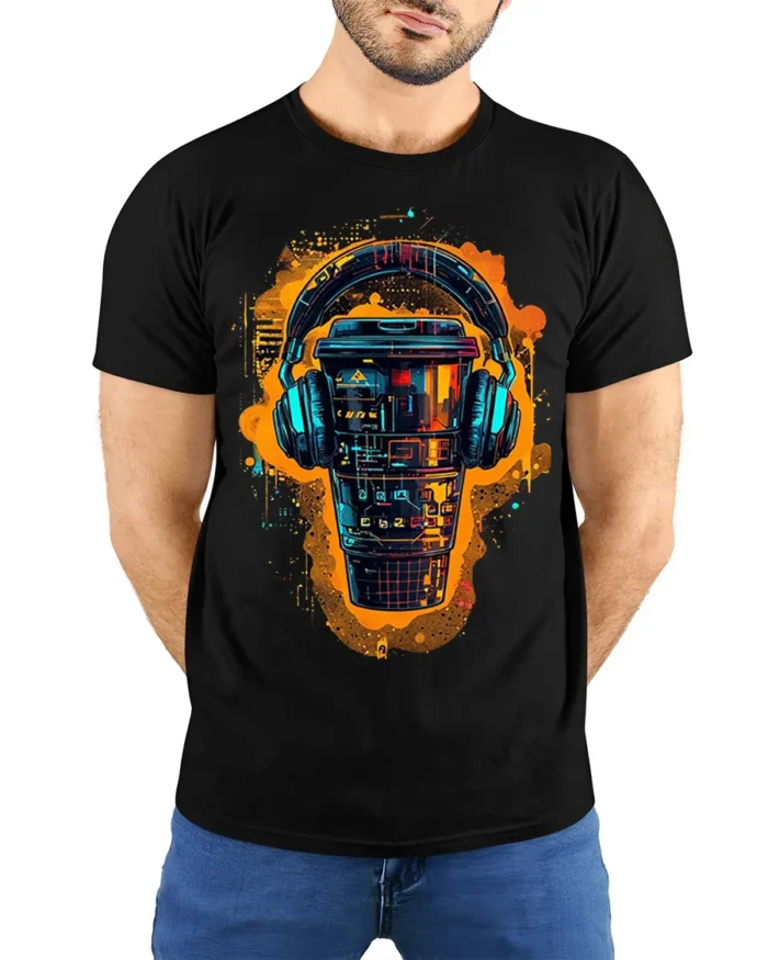 Futuristic Coffee Cup With Headphones Graphic T-Shirt - model wearing black shirt, hands behind back