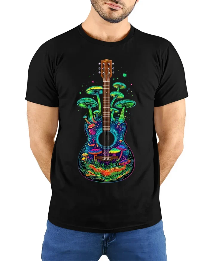 Psychedelic Guitar and Mushroom Art Graphic T-Shirt - model wearing black shirt, hands behind back