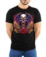 Skull With Dragons and Red Rose Fire Art T-Shirt - model wearing black shirt, hands behind back