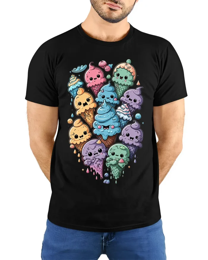 Cute Kawaii Colorful Ice Cream Cone Graphic T-Shirt - model wearing black shirt, hands behind back
