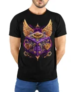 Steampunk Winged Gear Cube Mechanical Art T-Shirt - model wearing black shirt, hands behind back