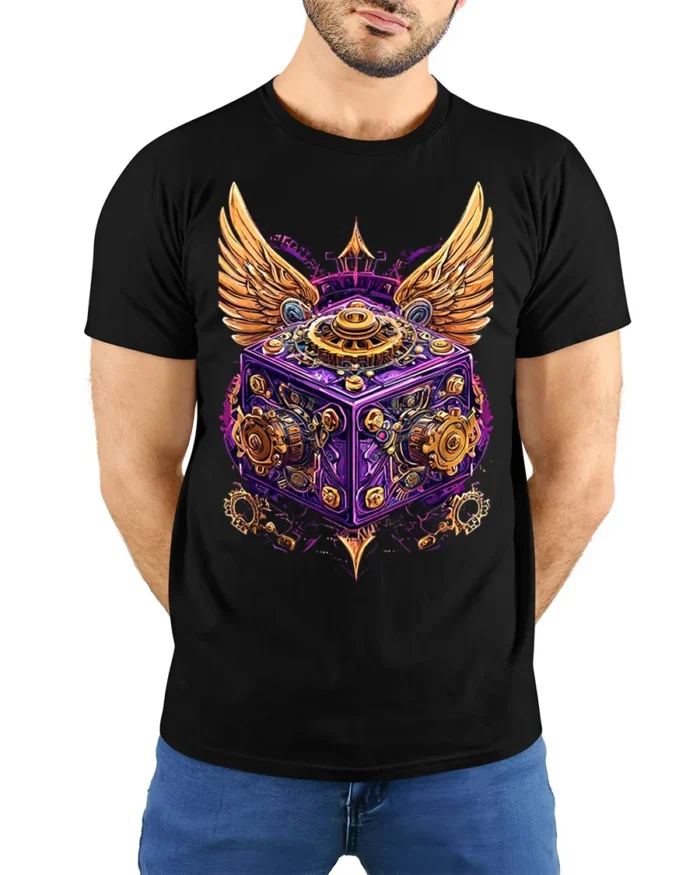 Steampunk Winged Gear Cube Mechanical Art T-Shirt - model wearing black shirt, hands behind back