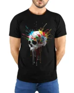 Color Splash Dripping Skull Artistic Graphic T-Shirt - model wearing black shirt, hands behind back