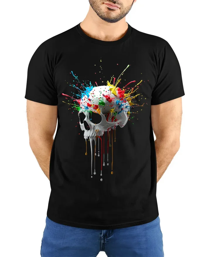 Color Splash Dripping Skull Artistic Graphic T-Shirt - model wearing black shirt, hands behind back