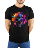 Color Splash Futuristic Combat Helmet Graphic T-Shirt - model wearing black shirt, hands behind back