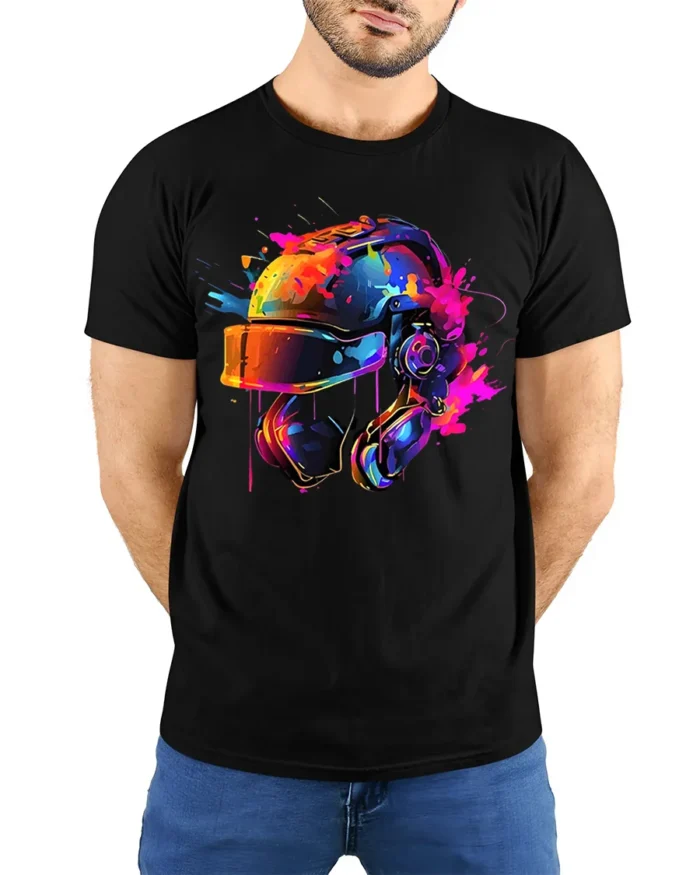 Color Splash Futuristic Combat Helmet Graphic T-Shirt - model wearing black shirt, hands behind back
