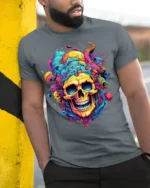 Psychedelic Skull Splash Art Graphic Black T-Shirt - model in grey shirt leaning against column