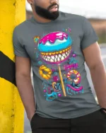 Psychedelic Candy Lollipop With Teeth Graphic T-Shirt - model in grey shirt leaning against column