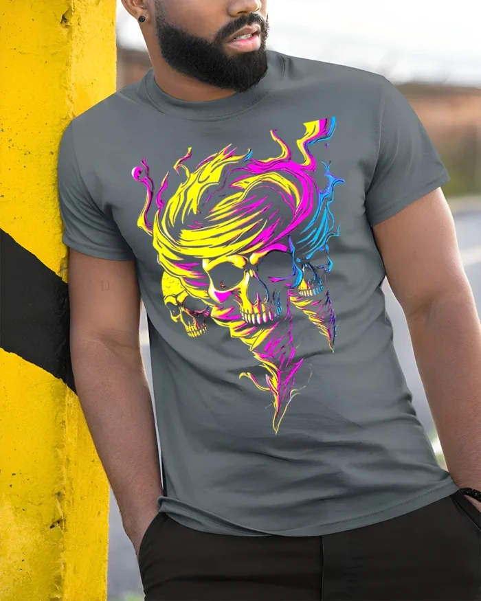 Neon Skull Tornado Swirl Psychedelic Graphic T-Shirt - model in grey shirt leaning against column
