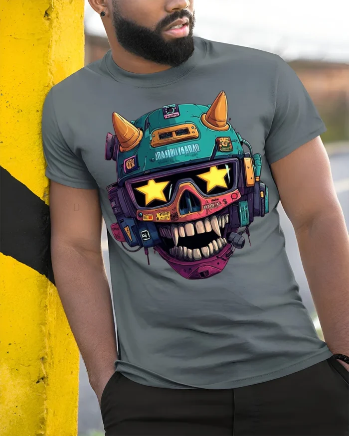 Cyberpunk Skull Helmet With Star Visor T-Shirt - model in grey shirt leaning against column