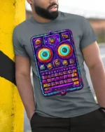 Neon Retro Robot Keyboard Face Graphic T-Shirt - model in grey shirt leaning against column