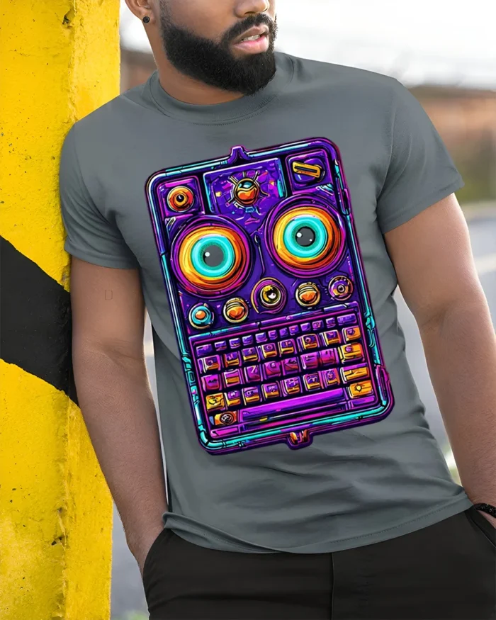 Neon Retro Robot Keyboard Face Graphic T-Shirt - model in grey shirt leaning against column