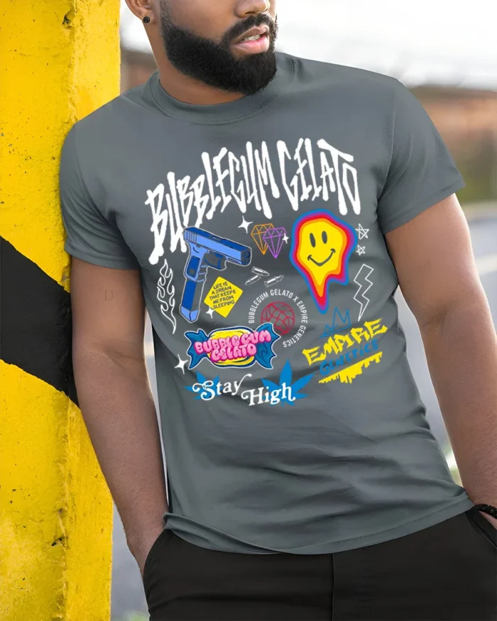 Bubblegum Gelato Street Art Graphic Black T-Shirt - model in grey shirt leaning against column