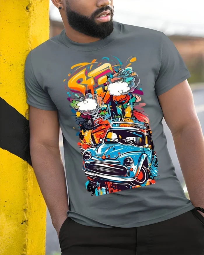 Retro Blue Car Graffiti Street Art Graphic T-Shirt - model in grey shirt leaning against column