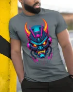 Neon Cyber Samurai Oni Mask Graphic T-Shirt - model in grey shirt leaning against column