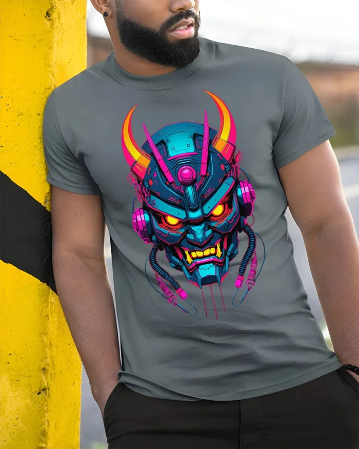 Neon Cyber Samurai Oni Mask Graphic T-Shirt - model in grey shirt leaning against column
