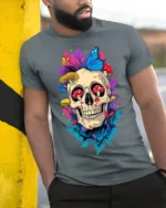 Floral Skull With Butterfly and Mushroom Art T-Shirt - model in grey shirt leaning against column