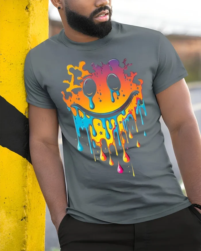 Melting Neon Smiley Face Dripping Art T-Shirt - model in grey shirt leaning against column