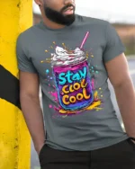 Stay Cool Colorful Milkshake Jar Graphic T-Shirt - model in grey shirt leaning against column